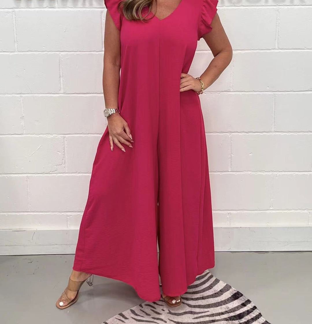 Damen gehobener Jumpsuit mit voluminösen Rüschenärmeln und V-Ausschnitt W&W Mode