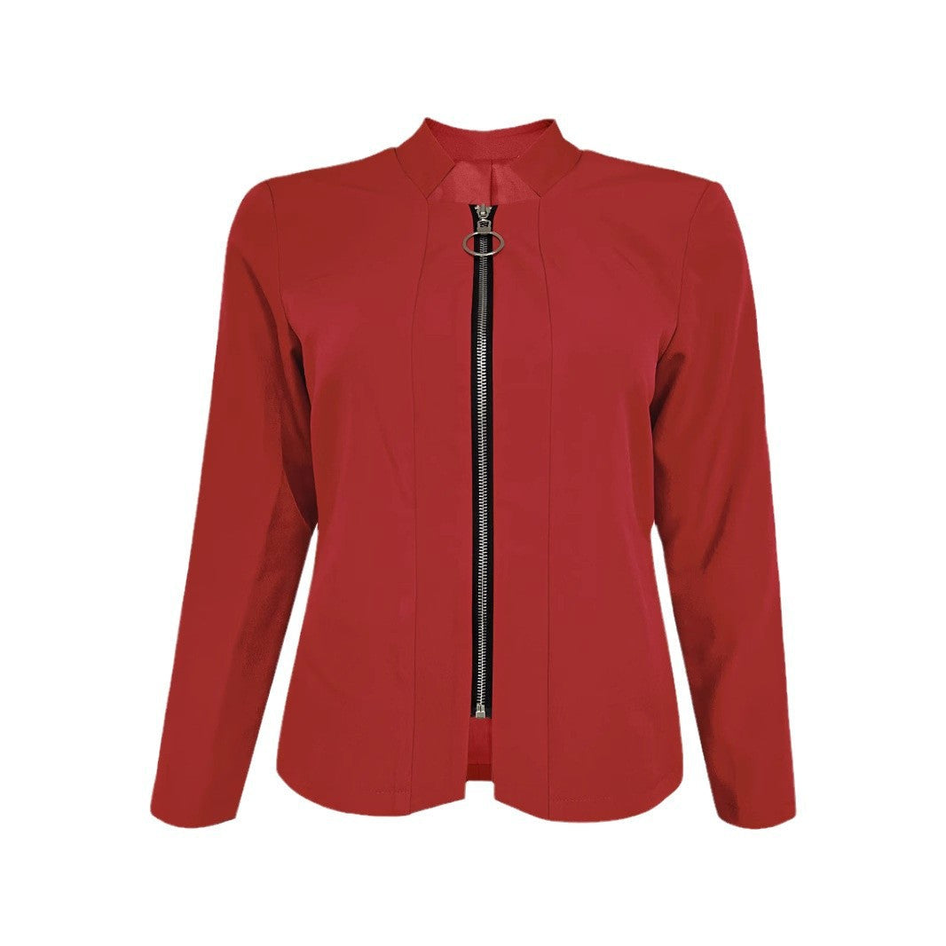 Damen modische und elegante Bikerjacke mit figurbetonendem Schnitt und hohem Kragen W&W Mode