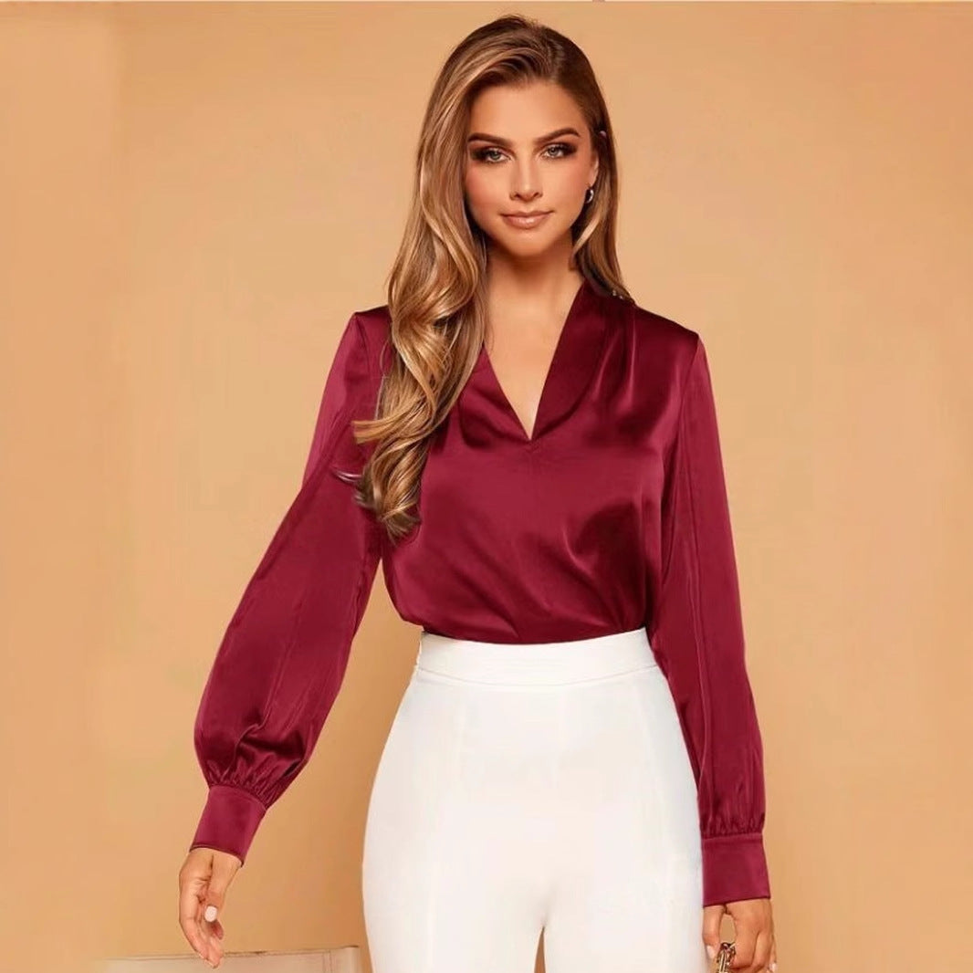 W&W Mode | V-Ausschnitt Langarm Satin Bluse