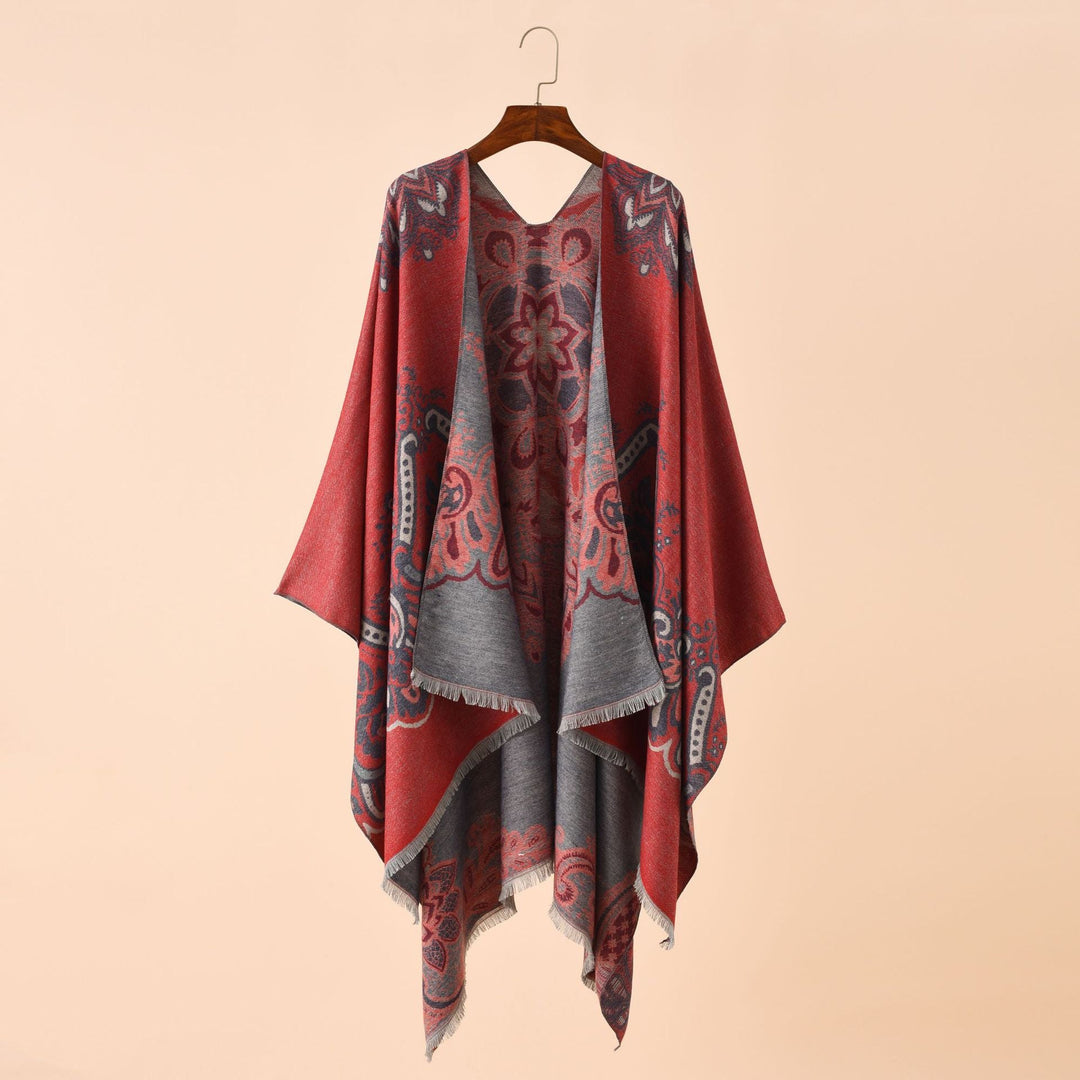 Damen Eleganter Kimono-Poncho mit kunstvollem Muster und fransigen Kanten W&W Mode