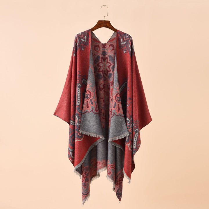 Damen Eleganter Kimono-Poncho mit kunstvollem Muster und fransigen Kanten W&W Mode