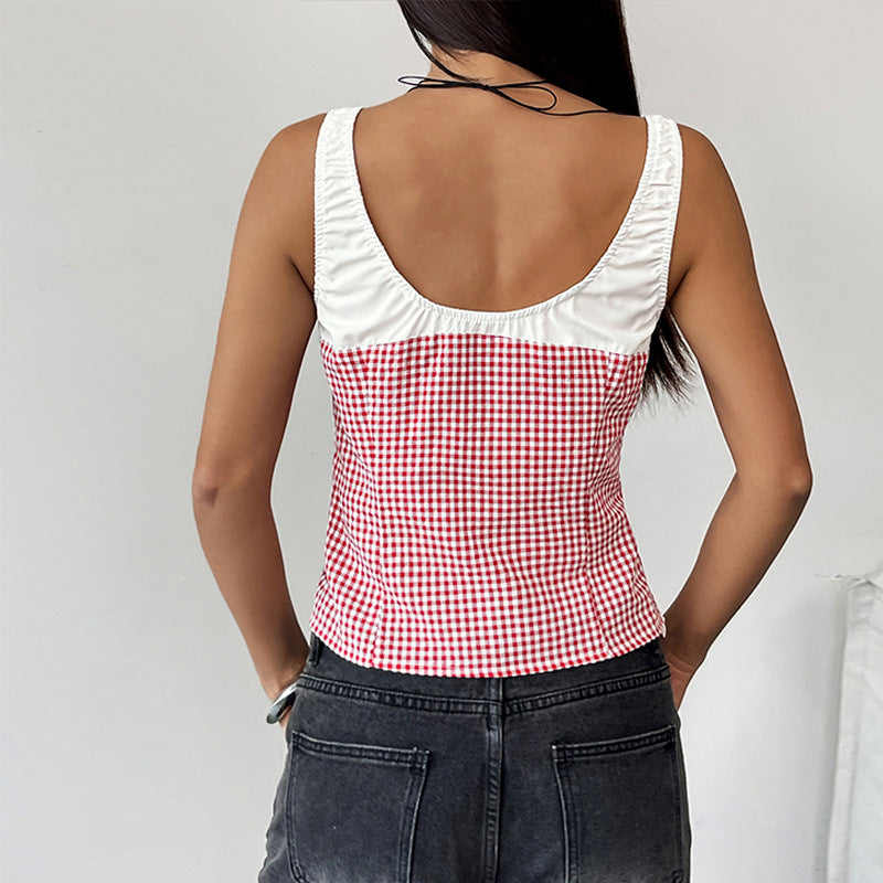 Damen modisches Top mit kariertem Muster und raffiniertem Bindeband W&W Mode