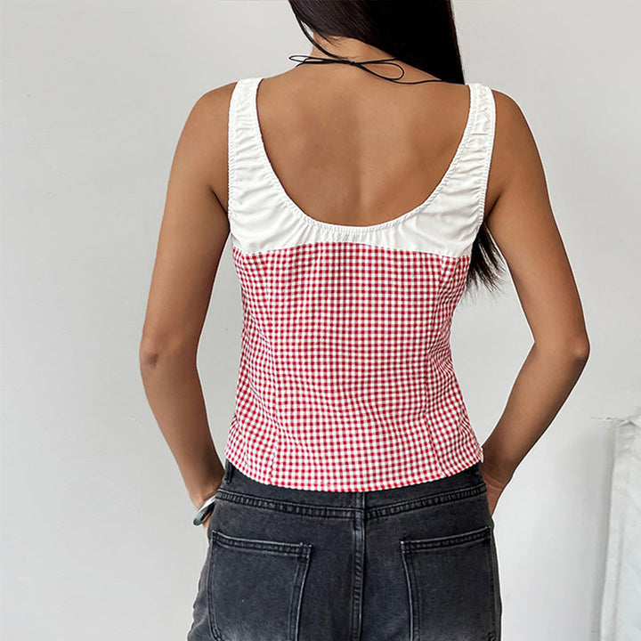 Damen modisches Top mit kariertem Muster und raffiniertem Bindeband W&W Mode