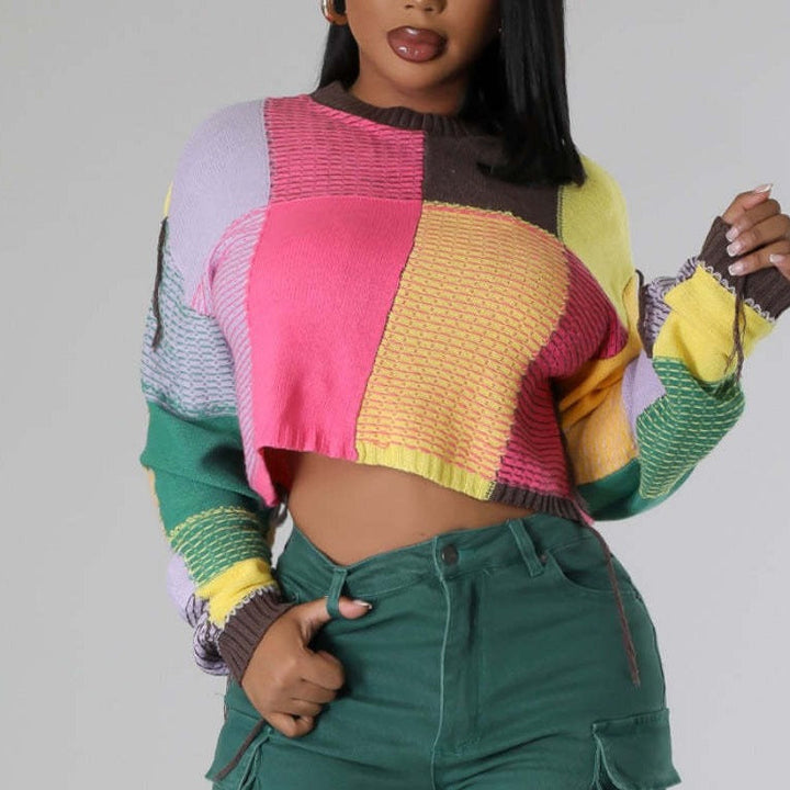 Damen modischer cropped Pulli mit buntem Patchwork-Design W&W Mode