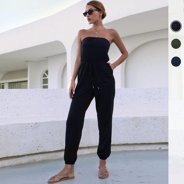 Damen Jumpsuit mit trägerlosem Schnitt und elastischem Taillengürtel W&W Mode