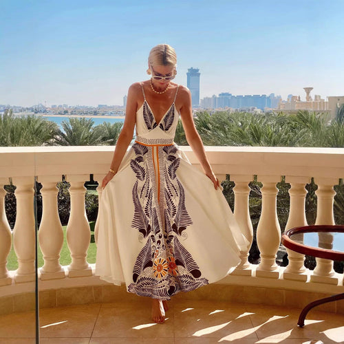 Damen elegantes Sommermaxikleid mit kunstvollem Blattmuster W&W Mode