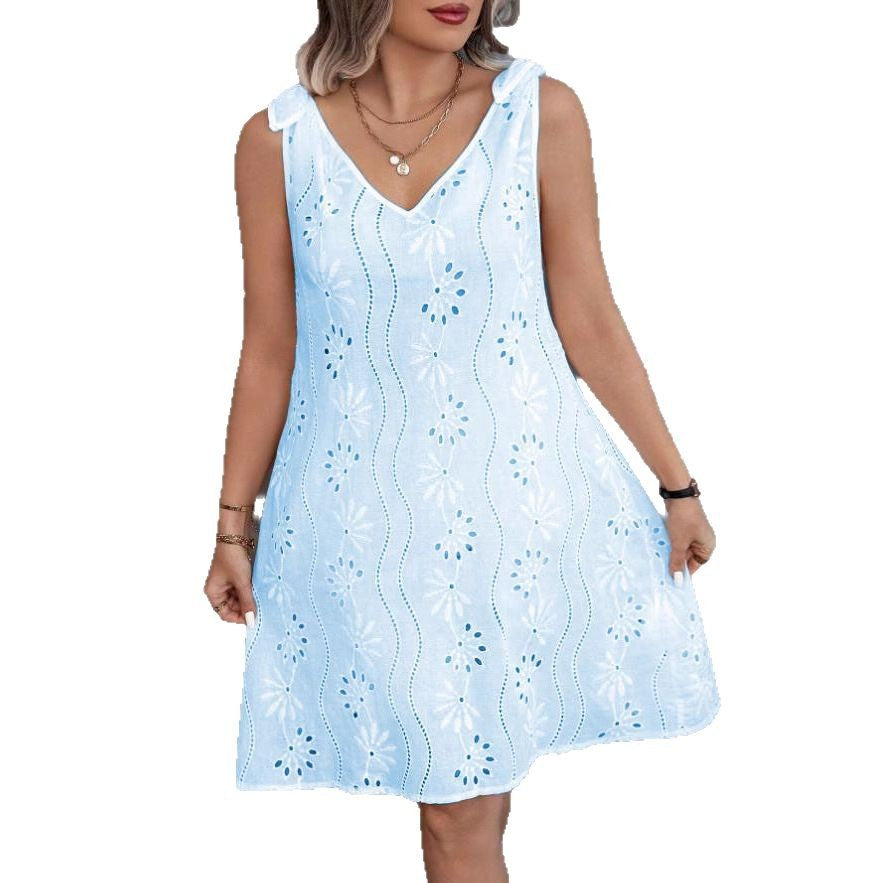 W&W Mode | Besticktes Hohles Schnür-Ärmelloses V-Ausschnitt Kleid