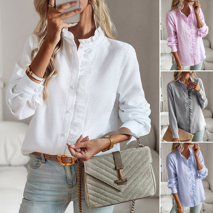 Damen Bluse mit Rüschendetails und Stehkragen W&W Mode
