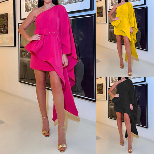 Damen asymmetrisches Cocktailkleid mit weitem Kapellenärmel und eleganter Gürtelschnalle W&W Mode