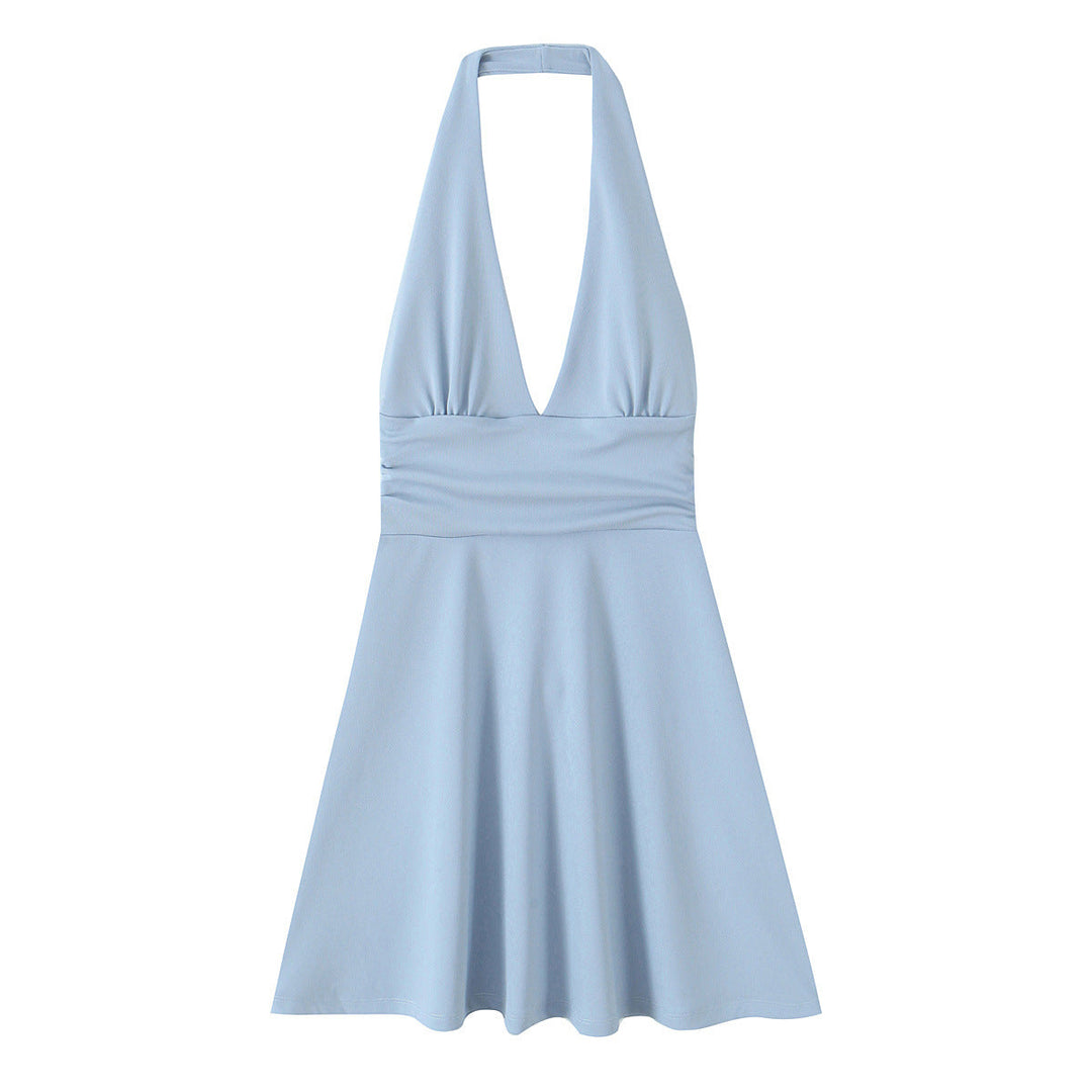 Damen Halterkleid mit tiefem V-Ausschnitt und fließendem Rock W&W Mode