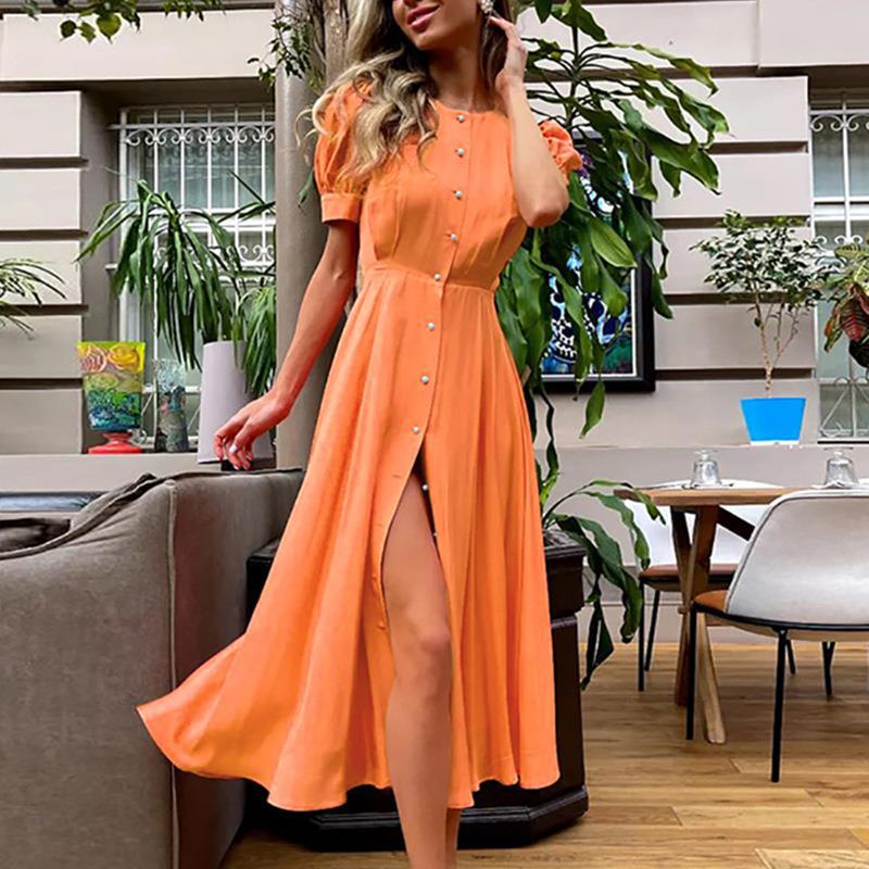 Damen Elegantes Maxikleid mit durchgehender Knopfleiste und asymmetrischem Schlitz W&W Mode