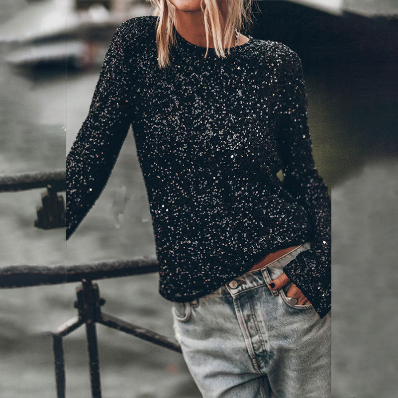 Damen Glitzerndes Oberteil mit langen Rüschenärmeln und allover Pailletten W&W Mode