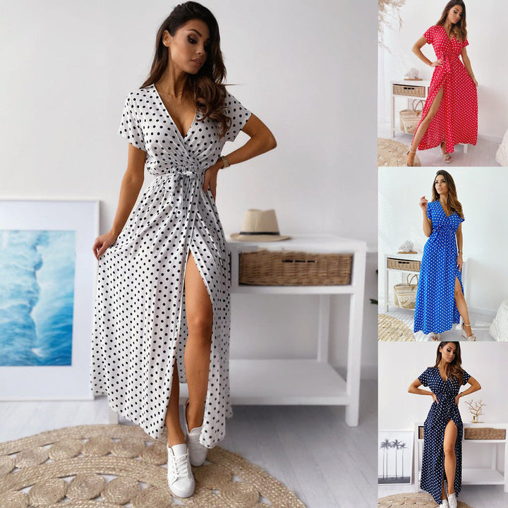 W&W Mode | Gedrucktes Polka-Dot-Band Taille Maxi Kleid