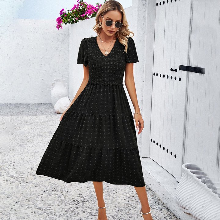 W&W Mode | Lässiges einfarbiges V-Ausschnitt Kurzarmkleid