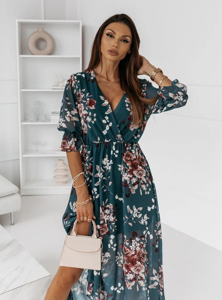 W&W Mode | Kurzarm Split Chiffon Bedrucktes Maxikleid
