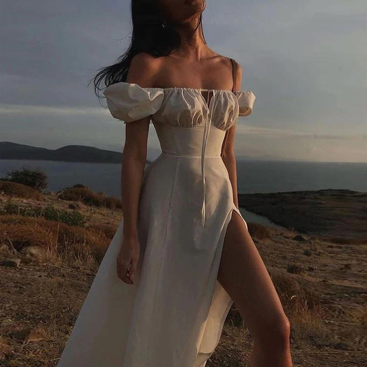Damen Maxikleid mit schulterfreier Silhouette und raffinierten Puffärmeln W&W Mode