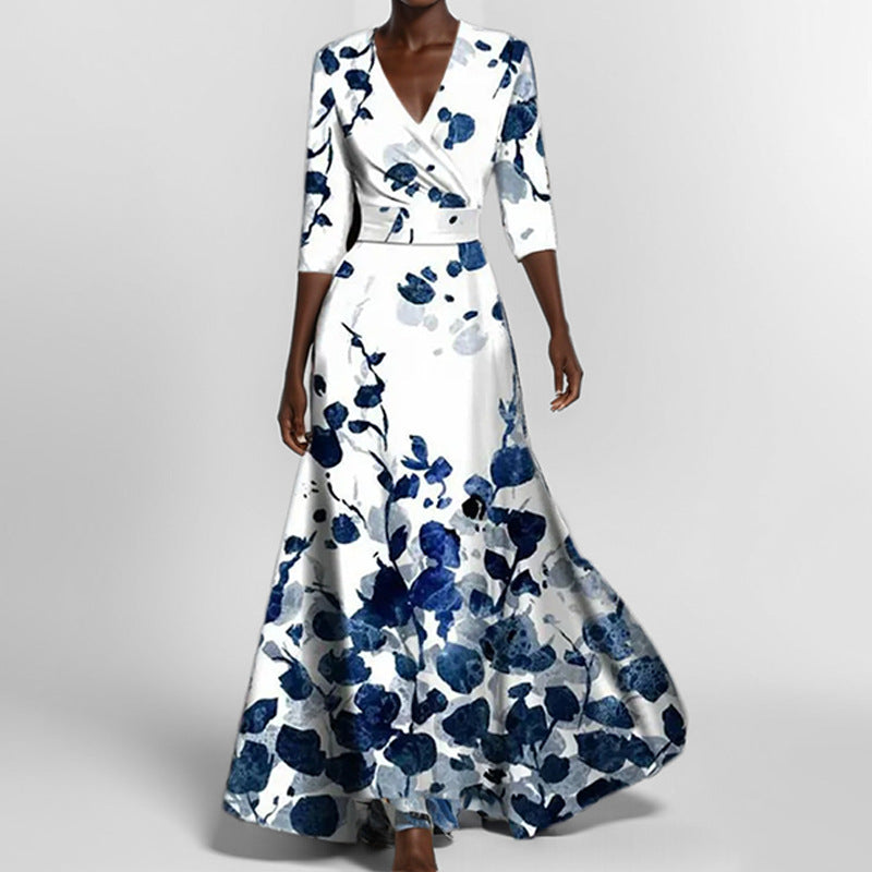 W&W Mode | Elegantes V-Ausschnitt bedrucktes Taillenkleid mit Schößchen