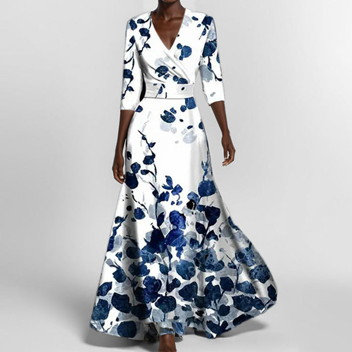 W&W Mode | Elegantes V-Ausschnitt bedrucktes Taillenkleid mit Schößchen