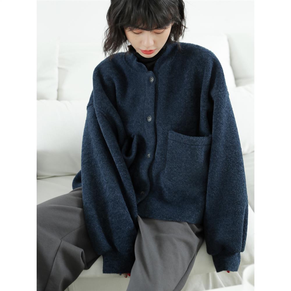 W&W Mode Lässig Lang Ärmel Taschen Blau Jacke