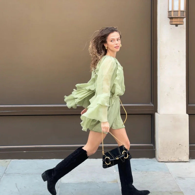 Damen fließendes Rüschenkleid mit langen Ärmeln und hohem Kragen W&W Mode