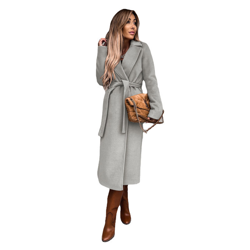 Damen eleganter Wolle-Mantel mit tailliertem Schnitt und Gürtel W&W Mode