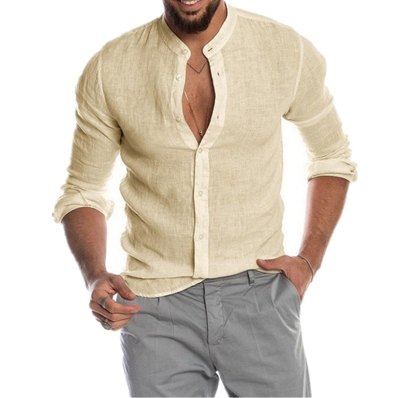 Herren lässiges Leinenhemd mit modischem Henley-Ausschnitt und hochwertiger Knopfdetail W&W Mode