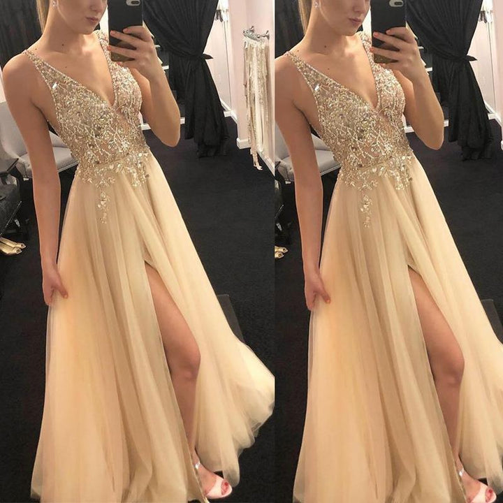 Damen-Abendkleid mit tiefem V-Ausschnitt, Pailletten und langem Rock