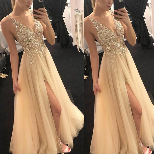 Damen-Abendkleid mit tiefem V-Ausschnitt, Pailletten und langem Rock