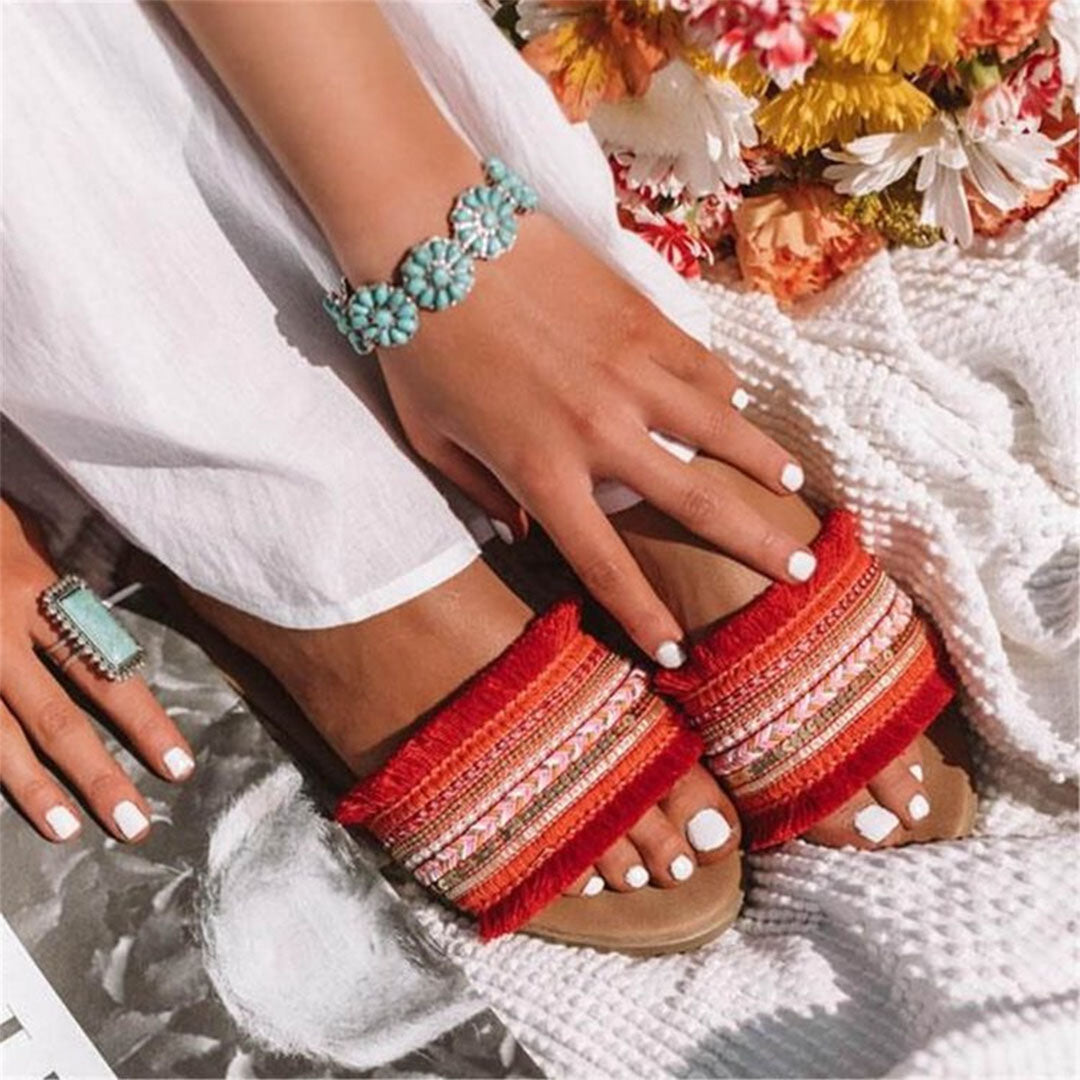 W&W Mode | Pantoletten, Boho Stil, Flach, Sandalen, Sommerschuhe