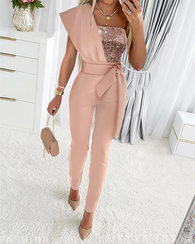 W&W Mode | One Shoulder Jumpsuit Mit Pailletten Und Taillenband