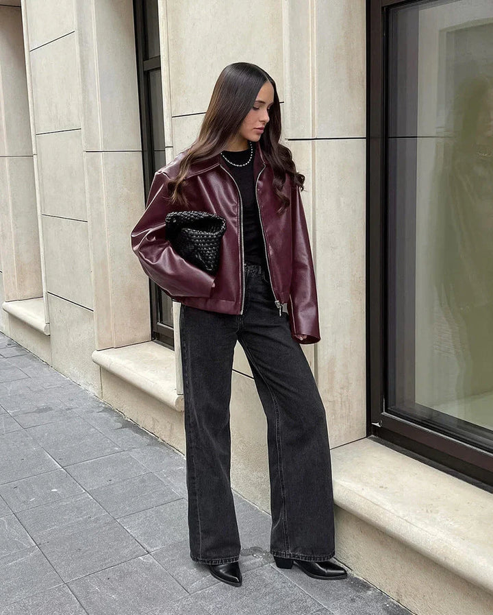 W&W Mode | Damen Rote Lederjacke Weinlese Lederjacke Mit Reißverschluss Für Frauen