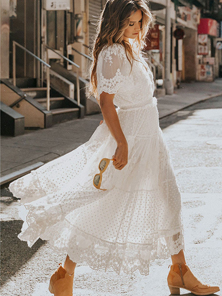 W&W Mode | Cross Halbtransparente Spitzen Maxikleid
