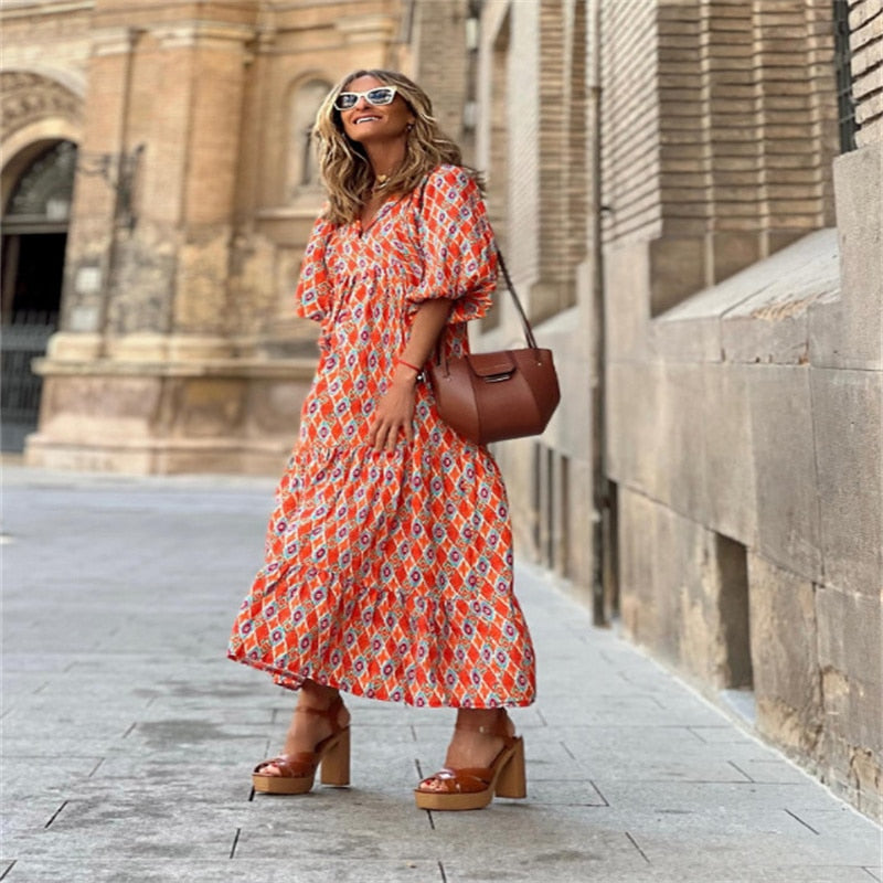 W&W Mode | Geometrisches Kleid mit Puffärmeln für Frauen