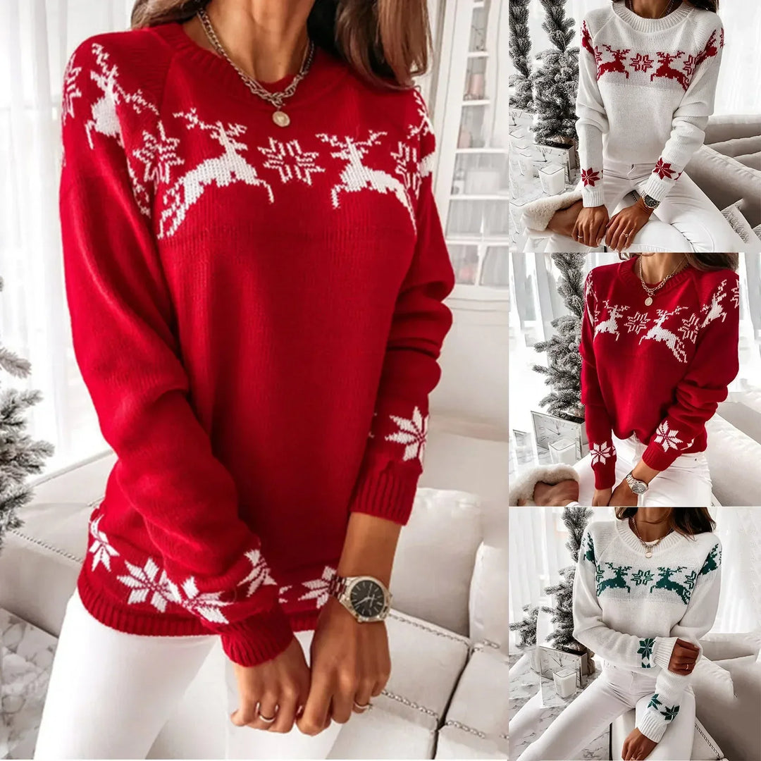 W&W Mode - Hässlicher Weihnachtspulli - Bequemer Strickpulli mit O-Ausschnitt, Rentier- und Schneeflockenmuster