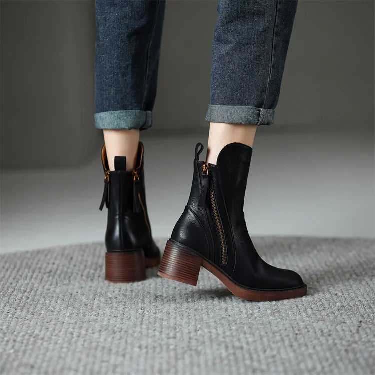 W&W Mode | Leder Stiefeletten Damen – stilvolle Stiefel mit Blockabsatz