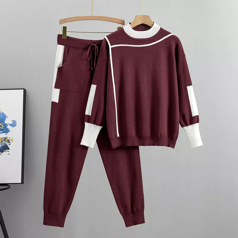 W&W Mode | Lässiges Herbst Strick Patchwork Oberteil und Hose Set für Frauen