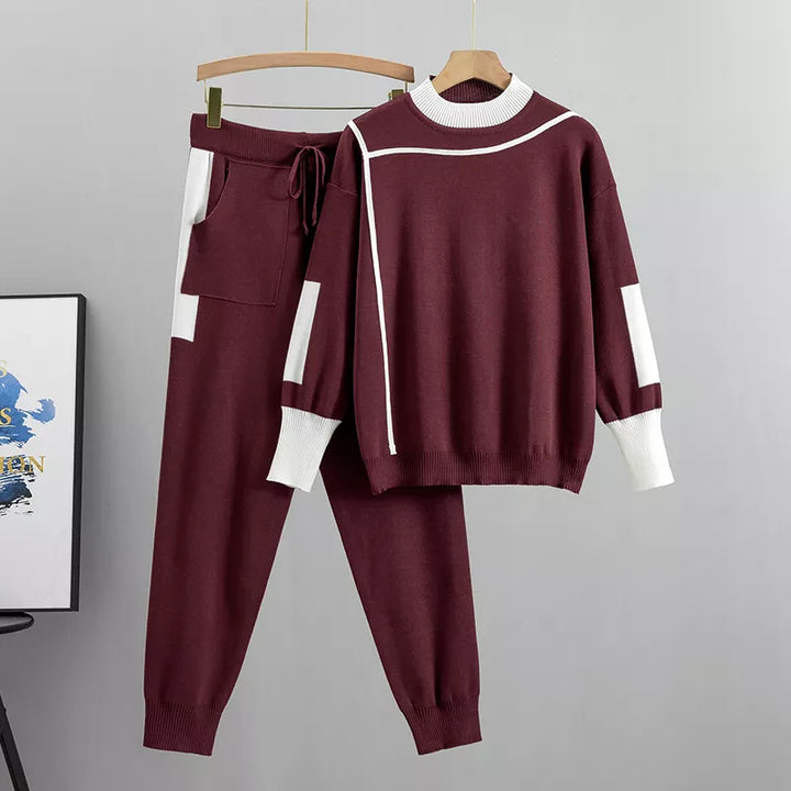 W&W Mode | Lässiges Herbst Strick Patchwork Oberteil und Hose Set für Frauen