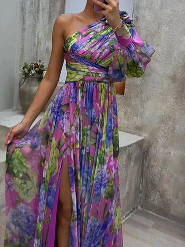W&W Mode | Maxikleid mit sexy Seitenschlitz und einem Ärmel in lila Druck