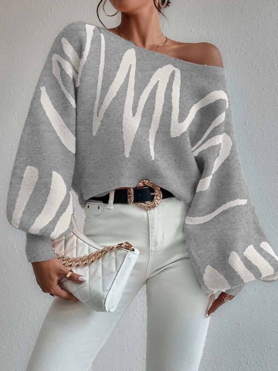 W&W Mode Pullover | Hellgrauer schulterfreier Oversized-Pullover mit Puffärmeln