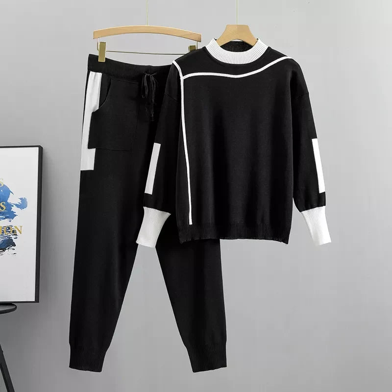 W&W Mode | Lässiges Herbst Strick Patchwork Oberteil und Hose Set für Frauen