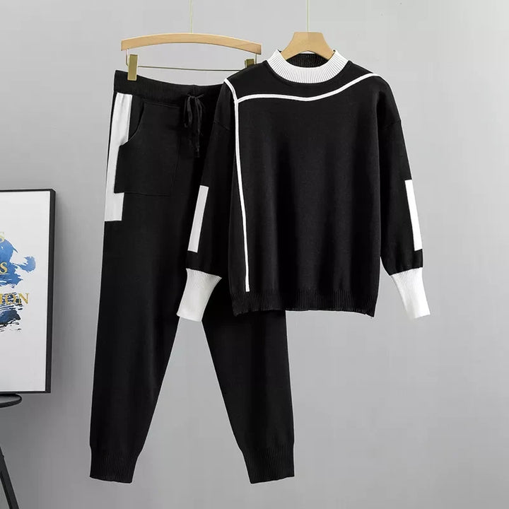 W&W Mode | Lässiges Herbst Strick Patchwork Oberteil und Hose Set für Frauen