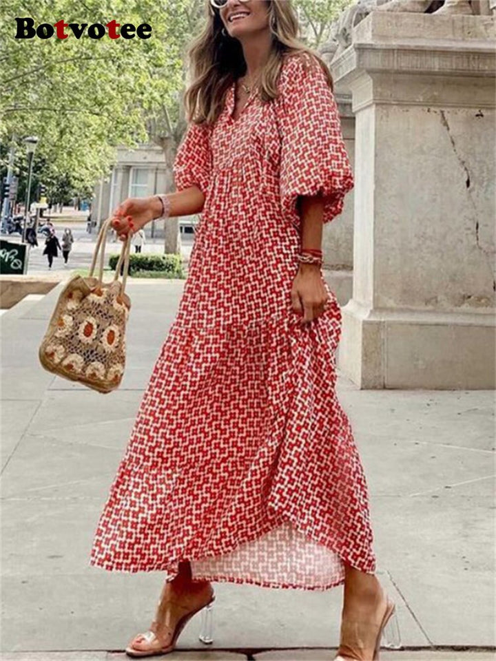 W&W Mode | Geometrisches Kleid mit Puffärmeln für Frauen