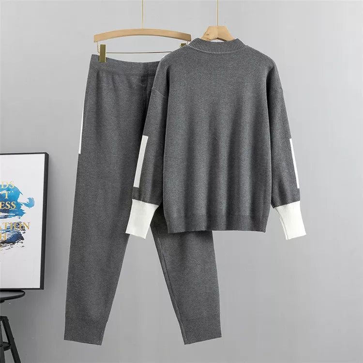 W&W Mode | Lässiges Herbst Strick Patchwork Oberteil und Hose Set für Frauen