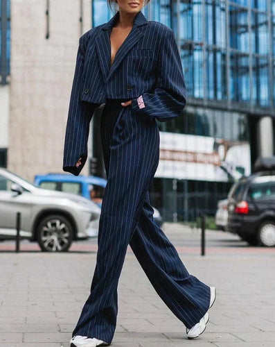 W&W Mode | Gestreifter, Kurz Geschnittener Blazer Und Hose Für Damen, Zweiteiliges Satz