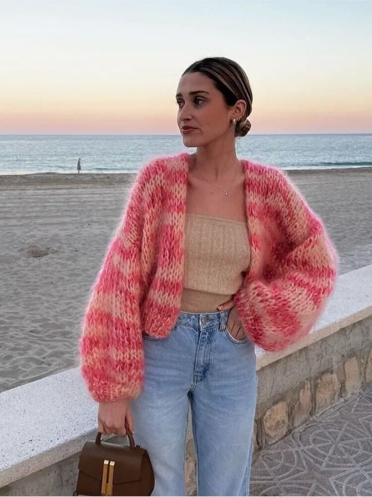 Gestreifte, offene Strickjacke