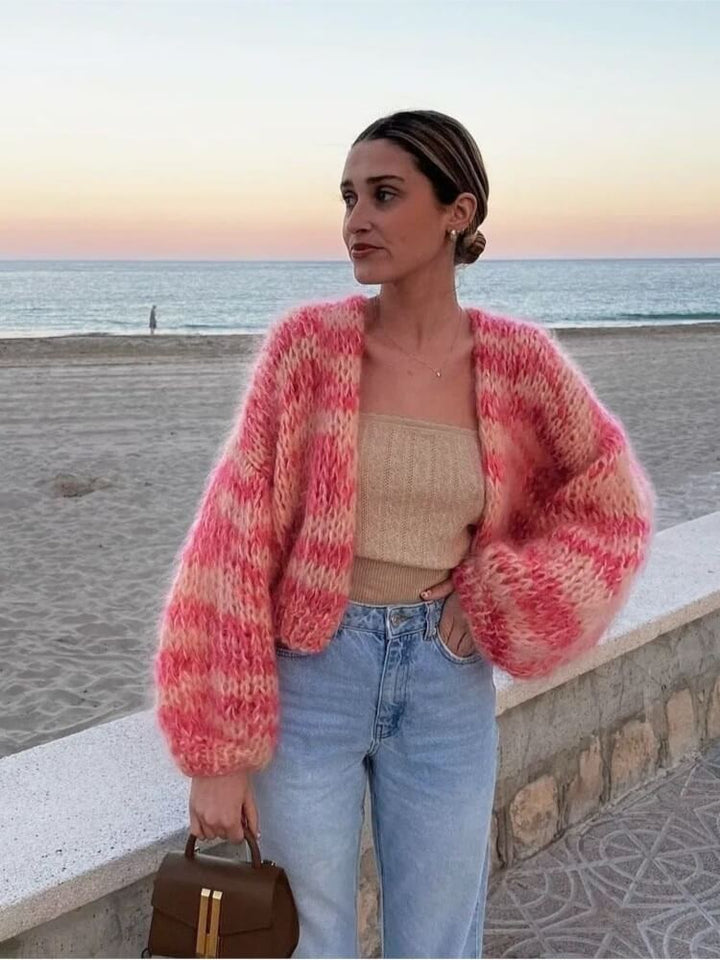 Gestreifte, offene Strickjacke