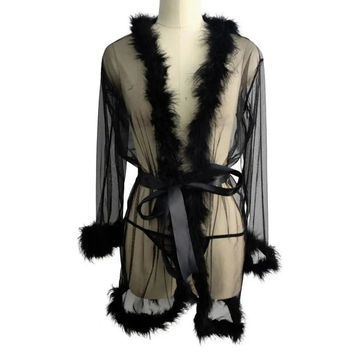 Damen Kleid aus transparentem Tüll mit Federsaum und Satinband