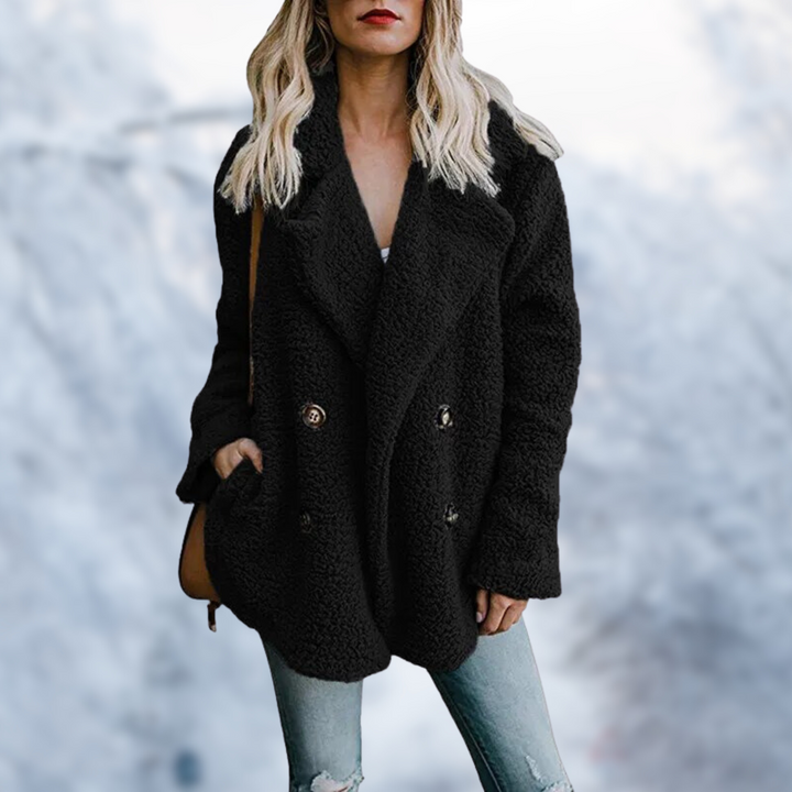 W&W Mode - Damen schwarzer Teddy-Mantel für gemütlichen Komfort
