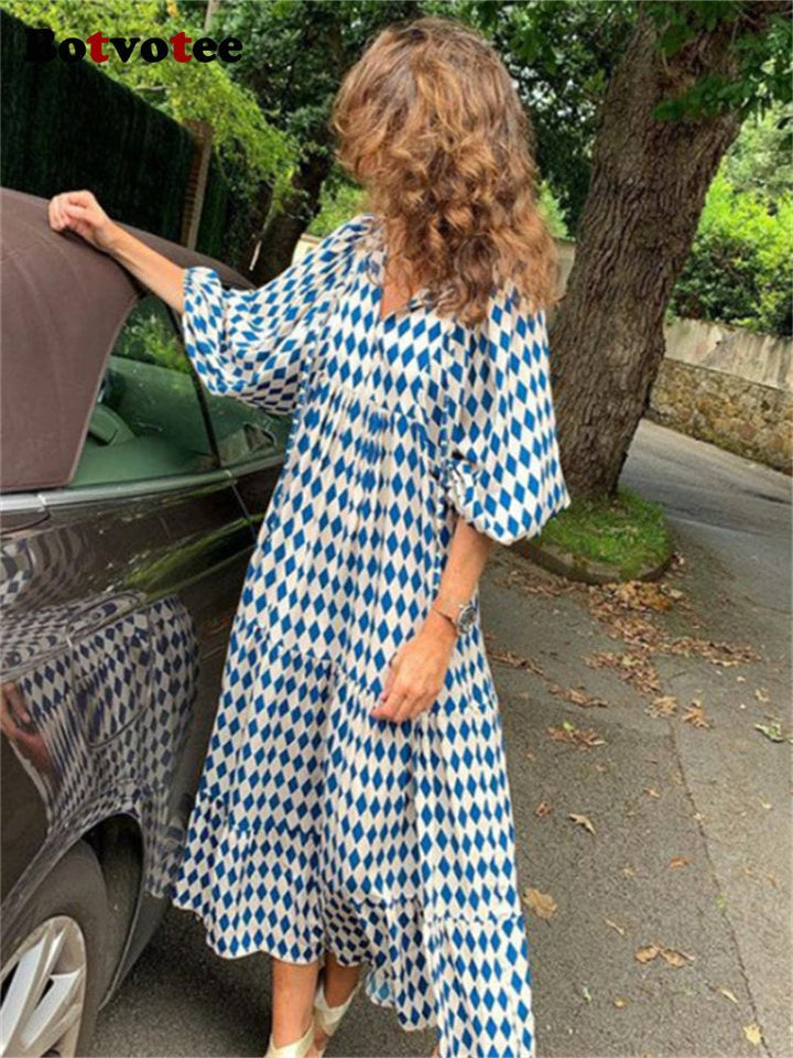 W&W Mode | Geometrisches Kleid mit Puffärmeln für Frauen