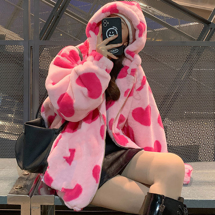 W&W Mode Harajuku Bär Teddy Druck Plüsch Jacke flauschige Kapuze Oberbekleidung